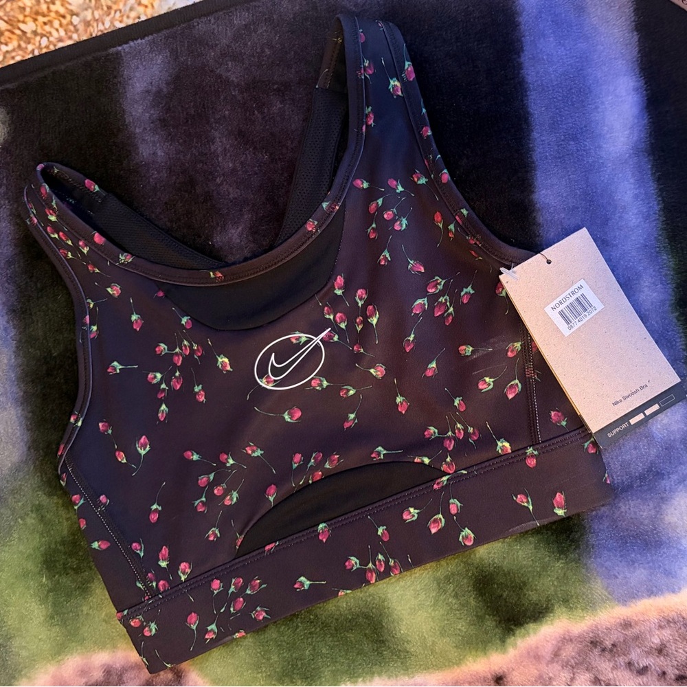 Nike Women's Floral Sports Bra - Black with Pink Accents